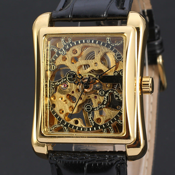 Reloj mecánico para hombre con correa de cuero y diseño calado