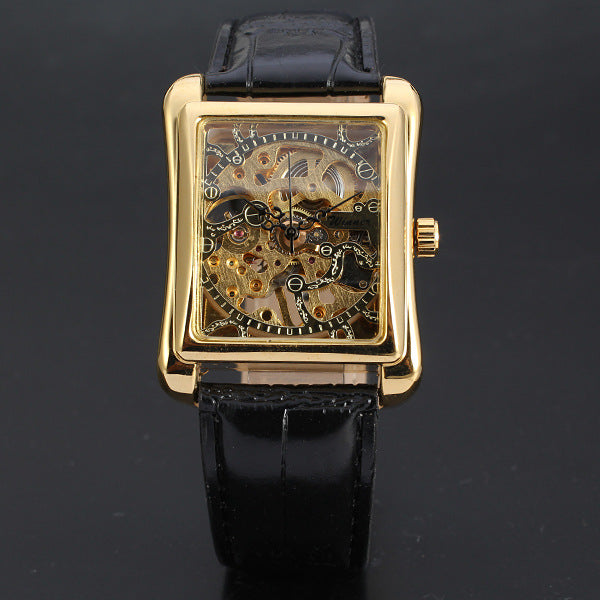 Reloj mecánico para hombre con correa de cuero y diseño calado